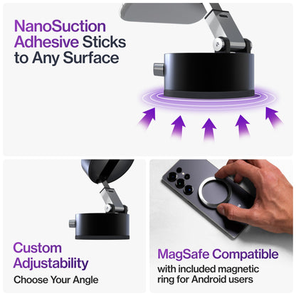 Soporte Magnético de Vacío | NanoSucción de 30 kg se adhiere a cualquier superficie | Soporte de teléfono MagSafe | Ajustable 360° | Nunca Bloquea las Rejillas de Ventilación | Pequeño Portátil iPhone Android-AJZ