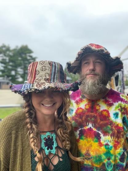 Hippie Haberdashery-🍄Patchwork Multicolored Mushroom Hemp Hat with Hidden Pocket Fedorahats🎩-HS