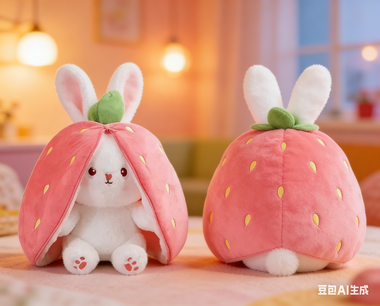 Bunny Stuffed Animal, Strawberry Reversible Cuddle Bunny Plush Doll with Zipper Cute Soft Rabbit Toys Pillow for Kids and Adults Easter Bunnies Plushies Gifts-HS