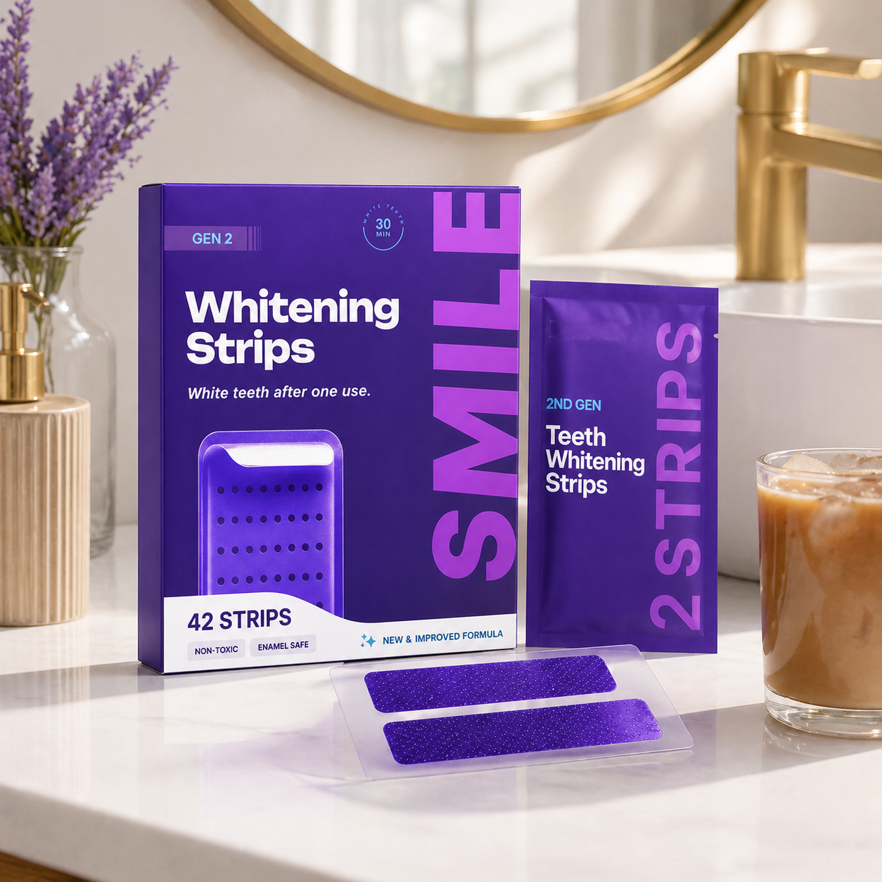 Purple Whitening Strips，Instant Bright White Teeth，Remove Yellow Stains Fast-HS