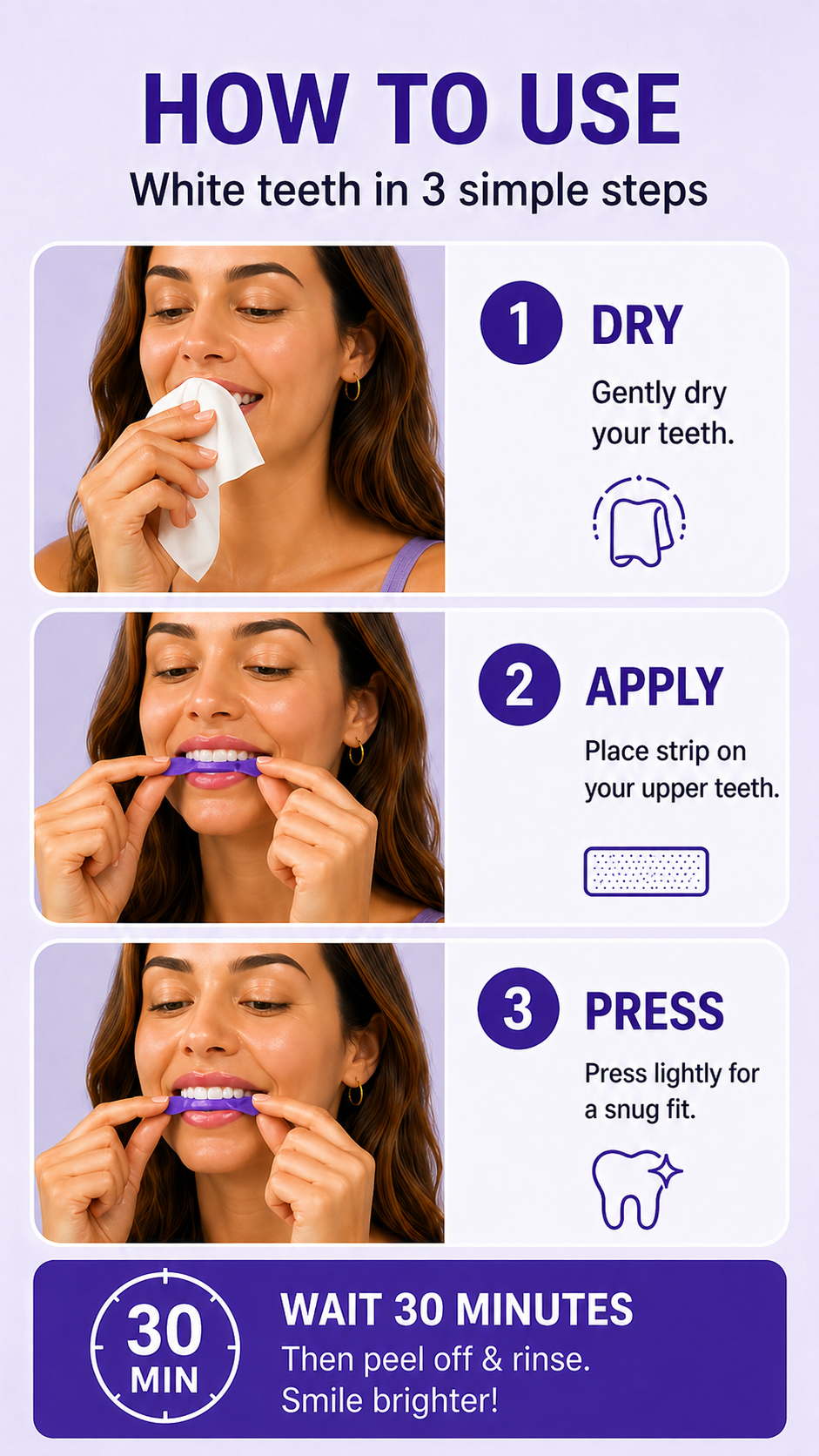 Purple Whitening Strips，Instant Bright White Teeth，Remove Yellow Stains Fast-HS