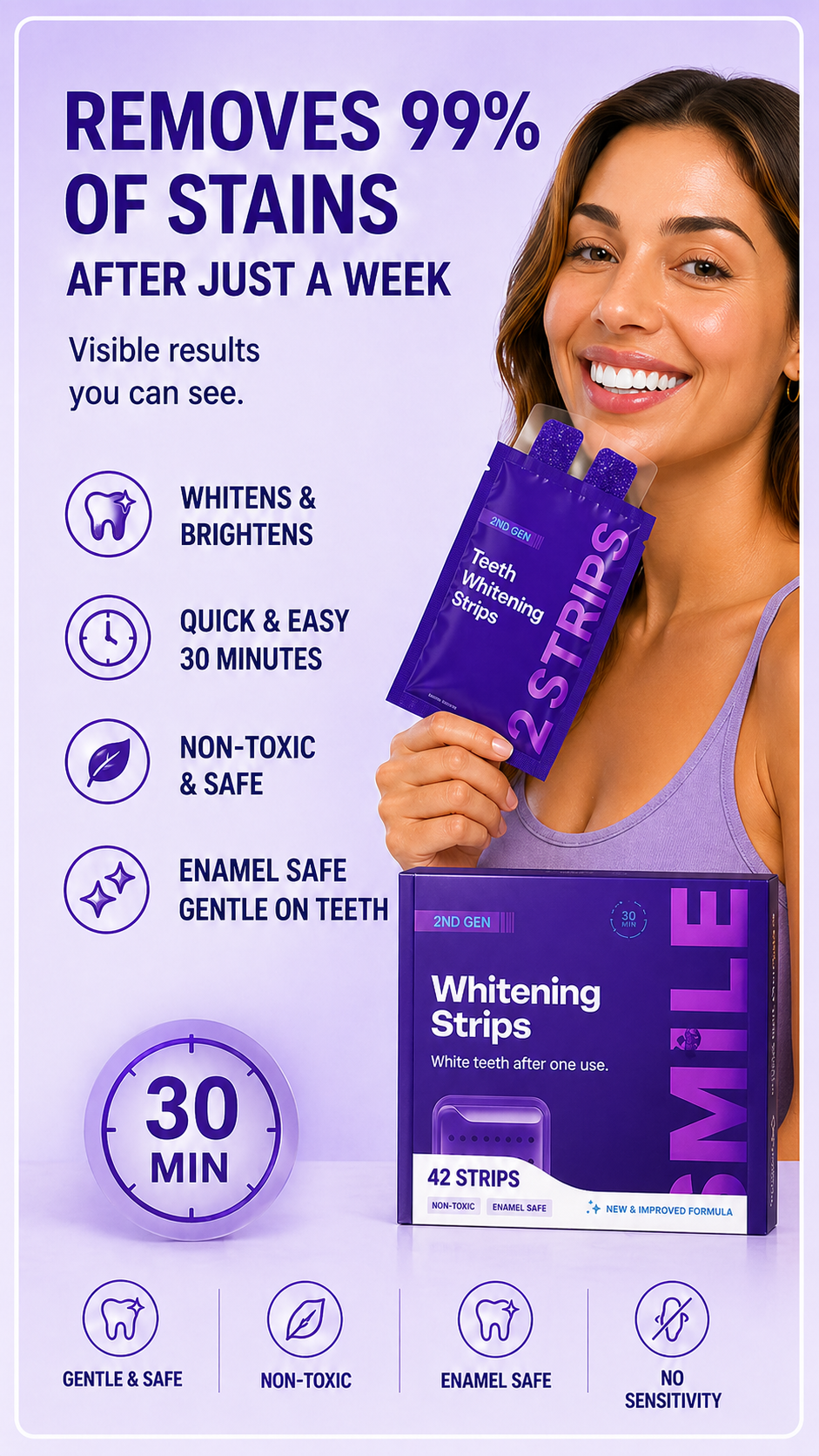 Purple Whitening Strips，Instant Bright White Teeth，Remove Yellow Stains Fast-HS