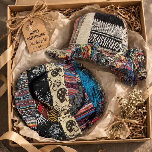 Hippie Haberdashery-🍄Patchwork Multicolored Mushroom Hemp Hat with Hidden Pocket Fedorahats🎩-HS