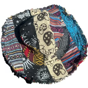 Hippie Haberdashery-🍄Patchwork Multicolored Mushroom Hemp Hat with Hidden Pocket Fedorahats🎩-HS