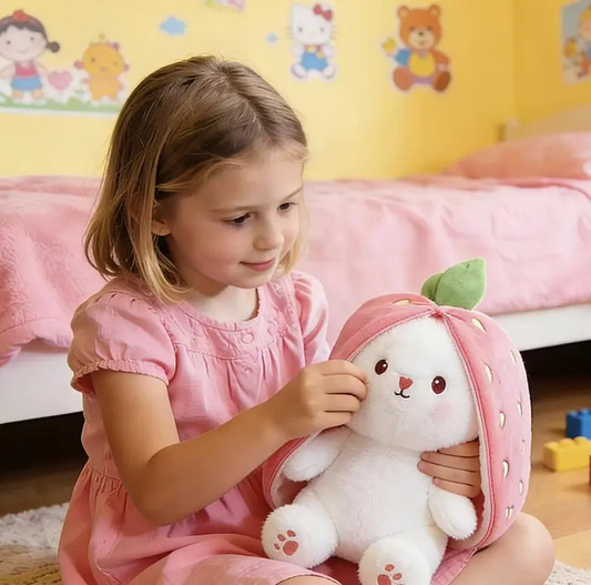Bunny Stuffed Animal, Strawberry Reversible Cuddle Bunny Plush Doll with Zipper Cute Soft Rabbit Toys Pillow for Kids and Adults Easter Bunnies Plushies Gifts-HS